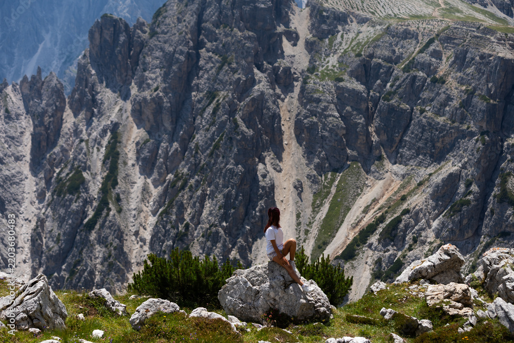 Obraz premium Mountain landscape panorama Tre Cime Mount against a blue summer background. 