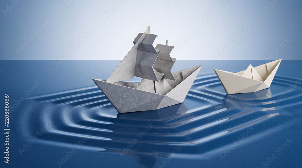 Obraz premium Conceptual image of origami paper boats sailing on blue rippled water background representing business leadership, innovation, and journey towards success in a minimalist creative style.
