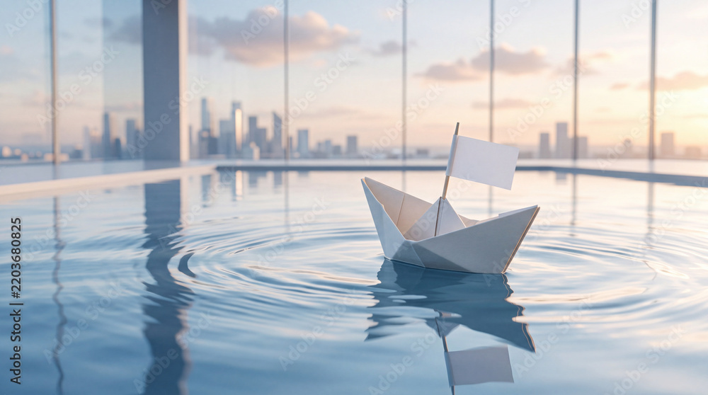 Obraz premium White Paper Boat with Blank Flag Floating on Calm Water Surface with Ripples Against a Blurred Modern City Skyline at Sunset, Symbolizing Business Leadership, Startup Journey, and Vision