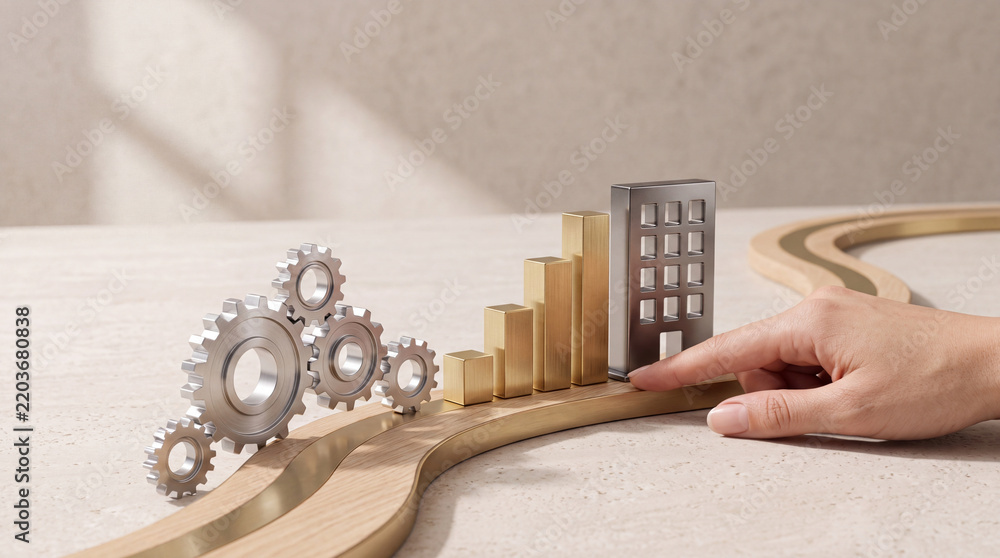 Obraz premium Conceptual Image Representing Business Growth and Industrial Automation Featuring Golden Bar Charts, Silver Metallic Gears, and a Miniature Office Building on a Curved Success Path.