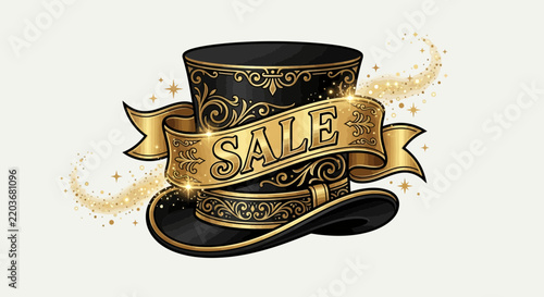 Elegant top hat with sale banner, gold sparkles and swirls