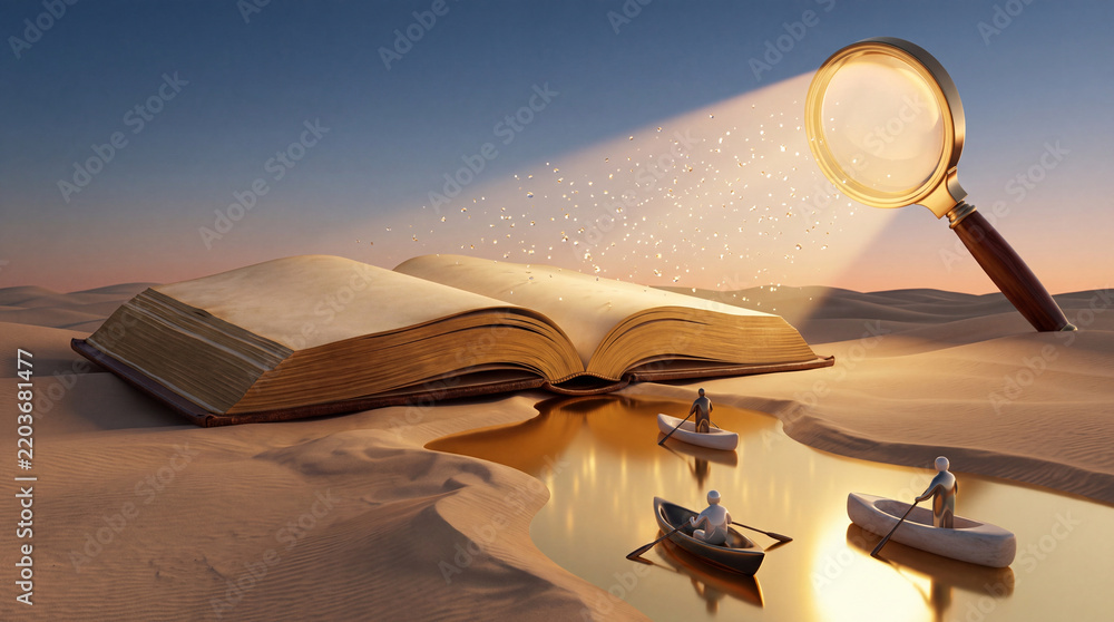 Fototapeta premium Conceptual surreal art of a giant open book in a desert landscape with tiny people rowing on a golden river and a magnifying glass illuminating the scene as a symbol of discovery and knowledge.