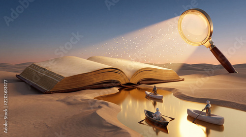Conceptual surreal art of a giant open book in a desert landscape with tiny people rowing on a golden river and a magnifying glass illuminating the scene as a symbol of discovery and knowledge.