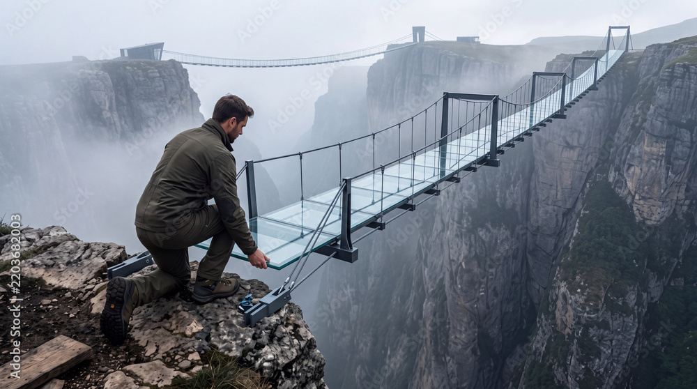 Obraz premium Professional worker or engineer carefully installing a transparent glass floor panel on a high-altitude suspension bridge spanning across a deep and foggy mountain canyon gorge.