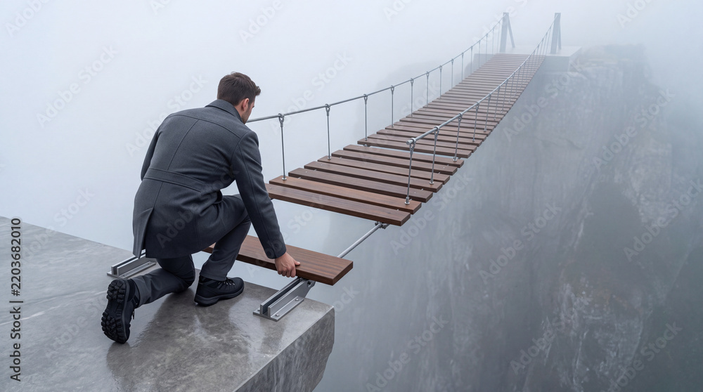 Obraz premium Businessman in a grey suit building a wooden suspension bridge over a foggy mountain abyss, conceptual image representing strategy, risk management, and overcoming business challenges.