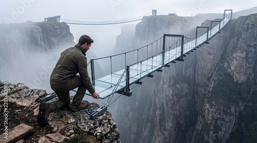 Professional worker or engineer carefully installing a transparent glass floor panel on a high-altitude suspension bridge spanning across a deep and foggy mountain canyon gorge.