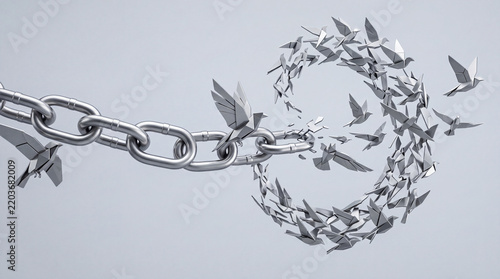 Conceptual 3D Illustration of a Broken Metal Chain Transforming into a Flock of Metallic Origami Birds Flying in a Spiral, Symbolizing Freedom, Liberation, Breakthrough, and Spiritual Growth.