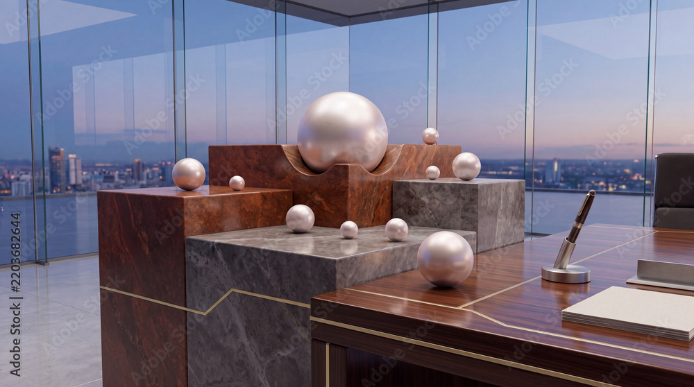 Fototapeta premium Luxury executive office interior with marble pedestals and lustrous pearls on display, modern wooden desk with fountain pen against panoramic city skyline background at dusk for banking and finance.
