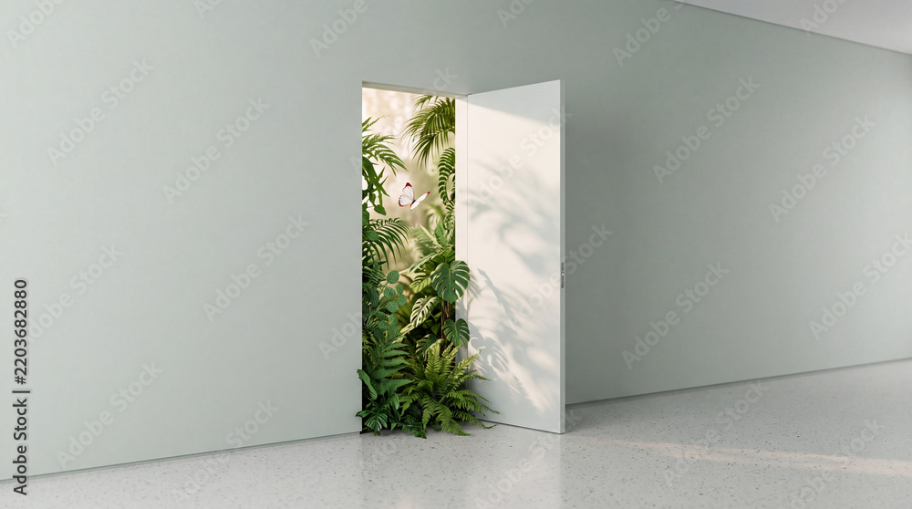 Fototapeta premium Open white door in a minimalist empty room leading to a lush tropical jungle garden with green plants, monstera leaves and a butterfly, concept of freedom, sustainability, and new beginnings.