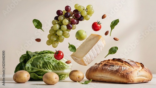 Floating assortment of fresh grapes, cheese, bread, lettuce, tomatoes, and almonds on beige