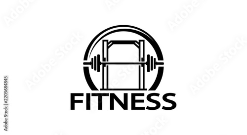 Fitness gym logo design with barbell, power rack, and circle emblem