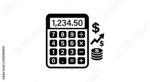 Financial calculator with dollar signs, coins, and growth chart icon vector illustration