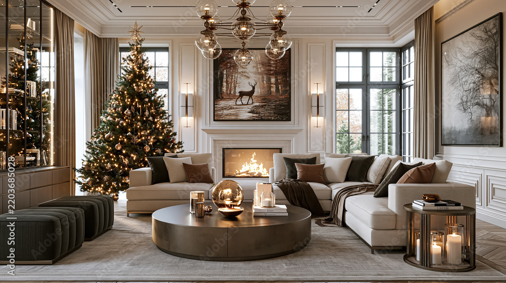 Obraz premium Spacious living room featuring a decorated Christmas tree, glowing fireplace, comfortable sectional sofa, and stylish holiday accents