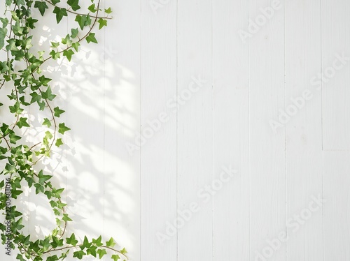 Green ivy vine growing on white wooden wall background with copy space