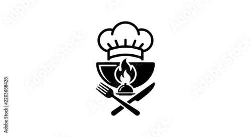 Black and white chef hat, cooking fire bowl, and crossed fork and knife icon isolated on a white background