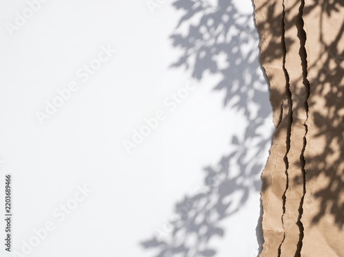 Torn Brown Kraft Paper Layers on White Background with Natural Tree Leaf Shadow Mockup