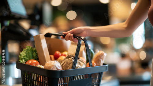 Faceless woman holding a black shopping basket filled with groceries at a supermarket checkout, everyday food shopping lifestyle concept, with copy space