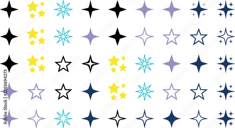 Fototapeta premium Collection of minimalist star sparkle vector icons in black yellow blue and purple colors