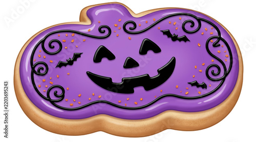 Purple halloween pumpkin shaped sugar cookie with black icing decorations isolated on transparent background