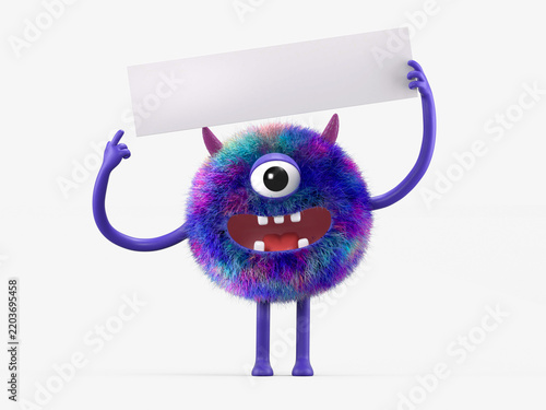 Fluffy, cute monster holds a blank sign, symbolizes information and advertising display. 3D rendering, conceptual image. Isolated on white background.