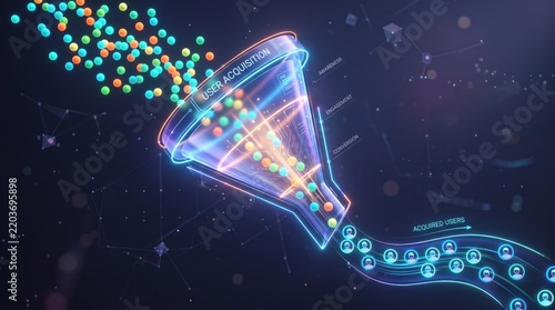 Digital marketing conversion funnel graphic with abstract particles
