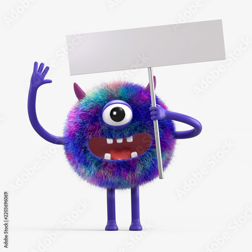 Fluffy, cute monster holds a blank sign, symbolizes information and advertising display. 3D rendering, conceptual image. Isolated on white background.