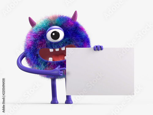 Fluffy, cute monster holds a blank sign, symbolizes information and advertising display. 3D rendering, conceptual image. Isolated on white background.