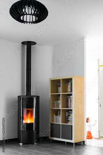 Pellet stove burning with flame in a living room