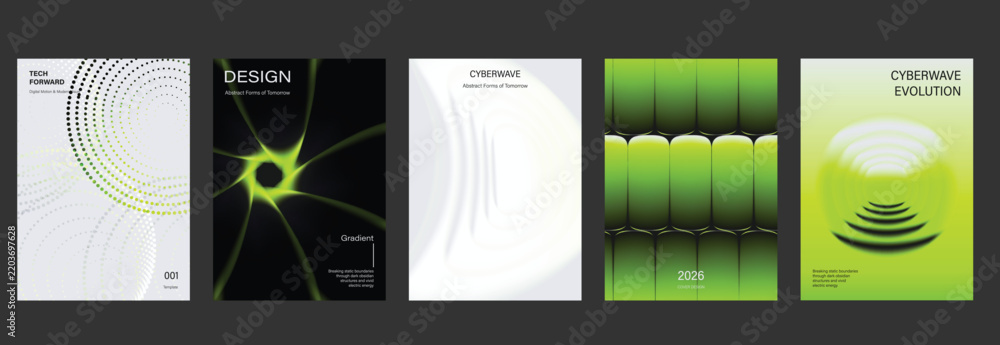 Obraz premium Minimal futuristic vector poster template set with lime green black white gradients, optical lines and cyber geometric backgrounds