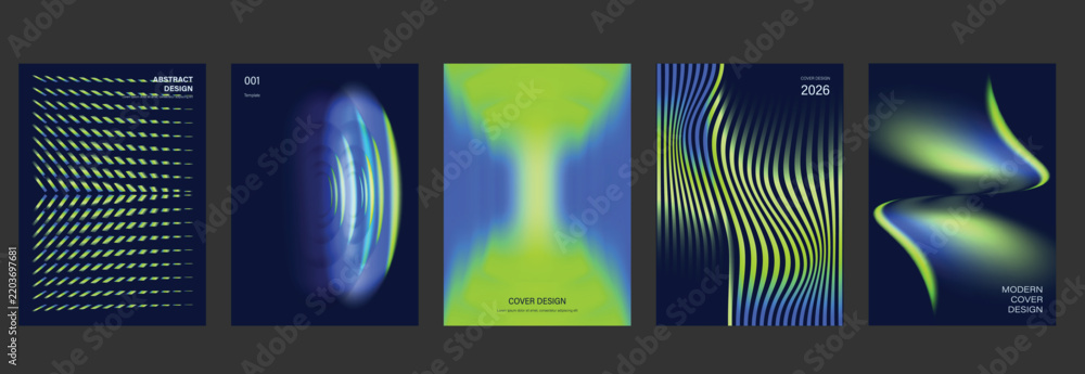 Obraz premium Futuristic vector poster template set with electric blue green gradients, optical waves and modern cyber abstract backgrounds