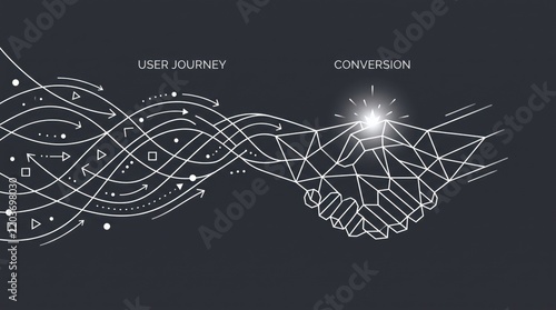 Digital handshake made of interconnected glowing network nodes
