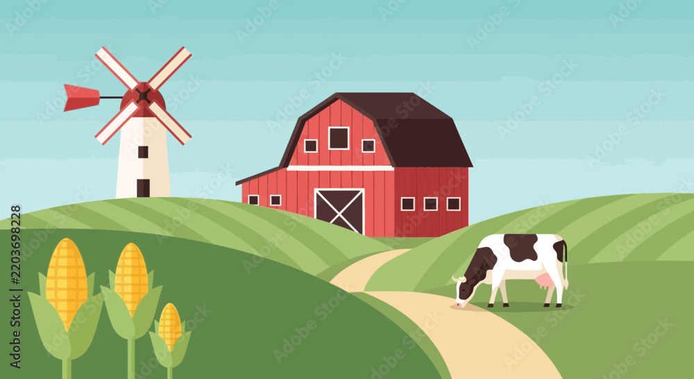 Obraz premium Rural farm landscape with red barn and windmill, pastoral countryside scene with grazing cow and corn crops, flat vector agriculture illustration