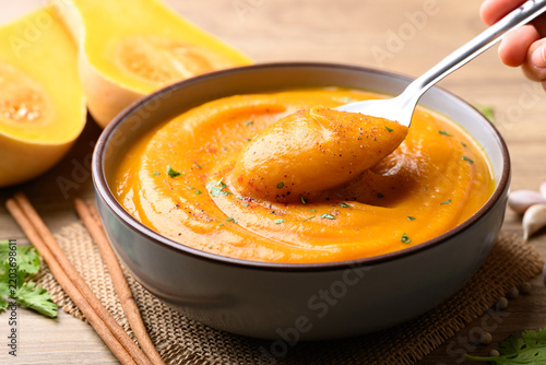 Eating butternut squash pumpkin soup in a bowl, Homemade food in autumn season