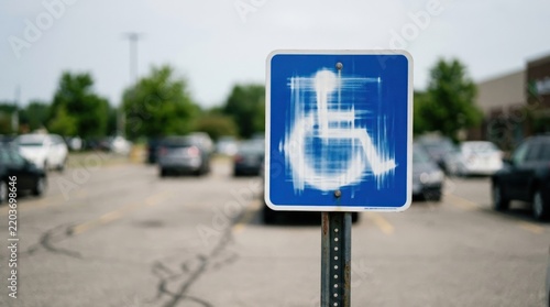 A blue and white handicap parking sign with graffiti in a parking lot with cars and trees in the background.