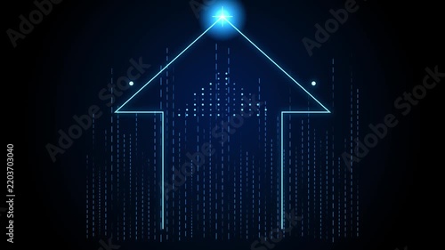 Glowing Cyan Upward Arrow with Digital Data Stream