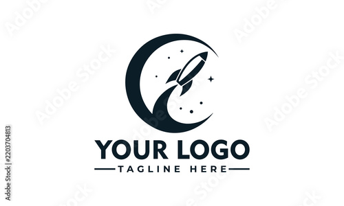 Modern rocket launch logo with crescent moon symbol for space exploration, startup business, and futuristic technology brand identity