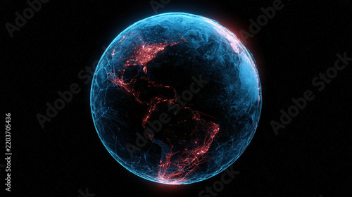 Earth planet glowing network digital blue red data global technology futuristic space concept illustration