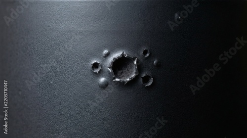 Bullet holes and impact marks on a dark metal surface texture