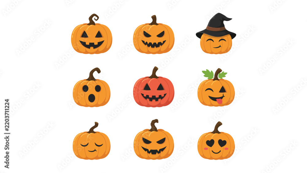 Fototapeta premium Halloween spooky jack o lantern vector illustration icons set