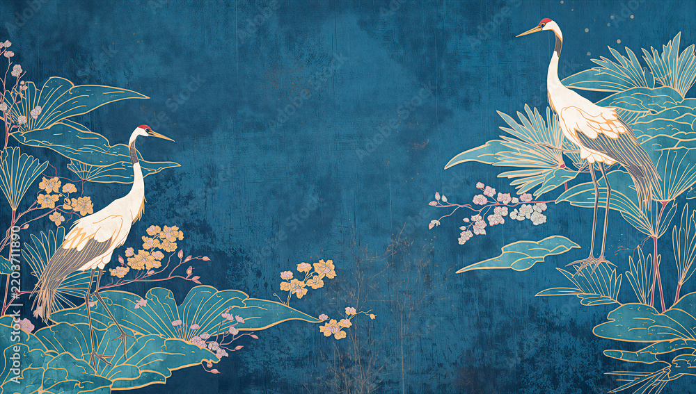 Fototapeta premium Crane birds in sakura garden on blue sky background . Abstract, Japanese, traditional motif. Dark pond water with lotus flowers and waterlilies. Beautiful seamless pattern. Oriental ornament design