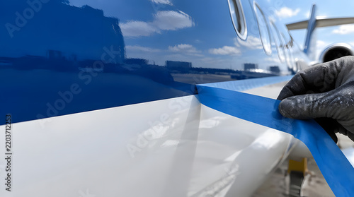 Hand applying blue masking tape to a boat hull for painting.