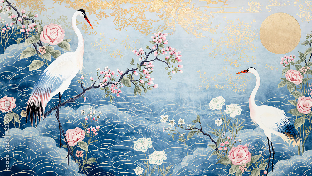 Fototapeta premium Crane birds in sakura garden on blue sky background . Abstract, Japanese, traditional motif. Dark pond water with lotus flowers and waterlilies. Beautiful seamless pattern. Oriental ornament design