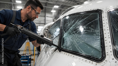 Aircraft technician meticulously applies sealant to cockpit window.
