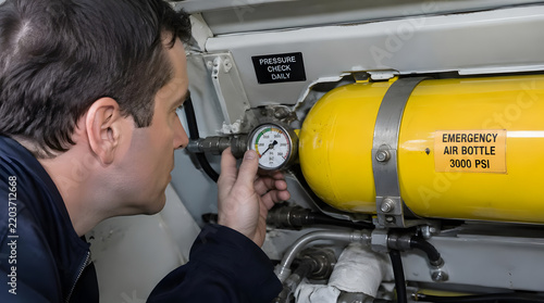Aircraft mechanic checking emergency oxygen bottle pressure gauge during maintenance.