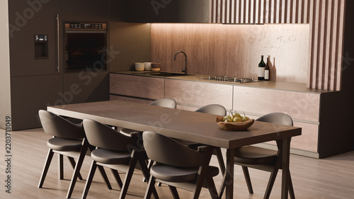 Kitchen Interior With Dining Table And Leather Chairs 3D Render