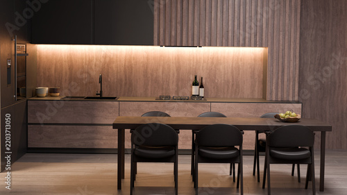 Moody Modern Kitchen Interior With Warm Cabinet Light 3D Render