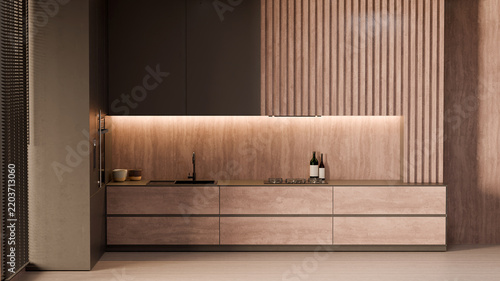 Minimalist Kitchen Interior With Rose Stone Backsplash 3D Render