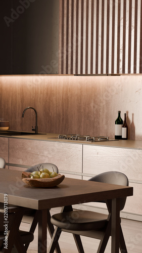 Kitchen Detail With Slatted Wall And Pear Bowl 3D Render
