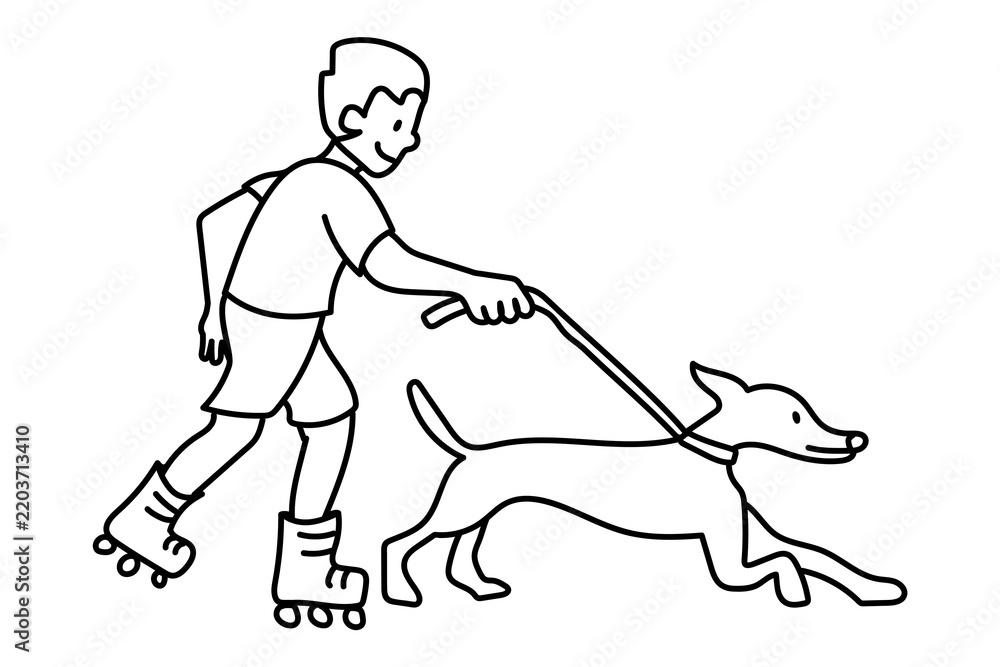 Fototapeta premium Png boy walking dog in roller skates doodle, transparent background