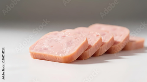 Four pink sausage slices on white surface